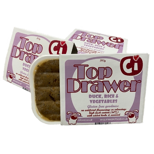 Image of Top Drawer duck & rice wet dog food for sensitive stomachs, click through to buy