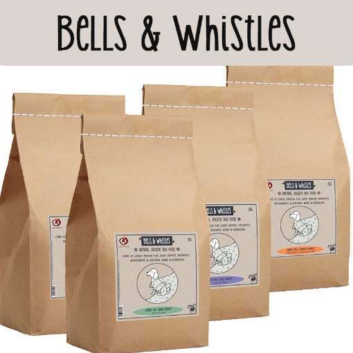 Image of four large sacks of Bells & Whistles grain free dog food for Bulk Deal Discount
